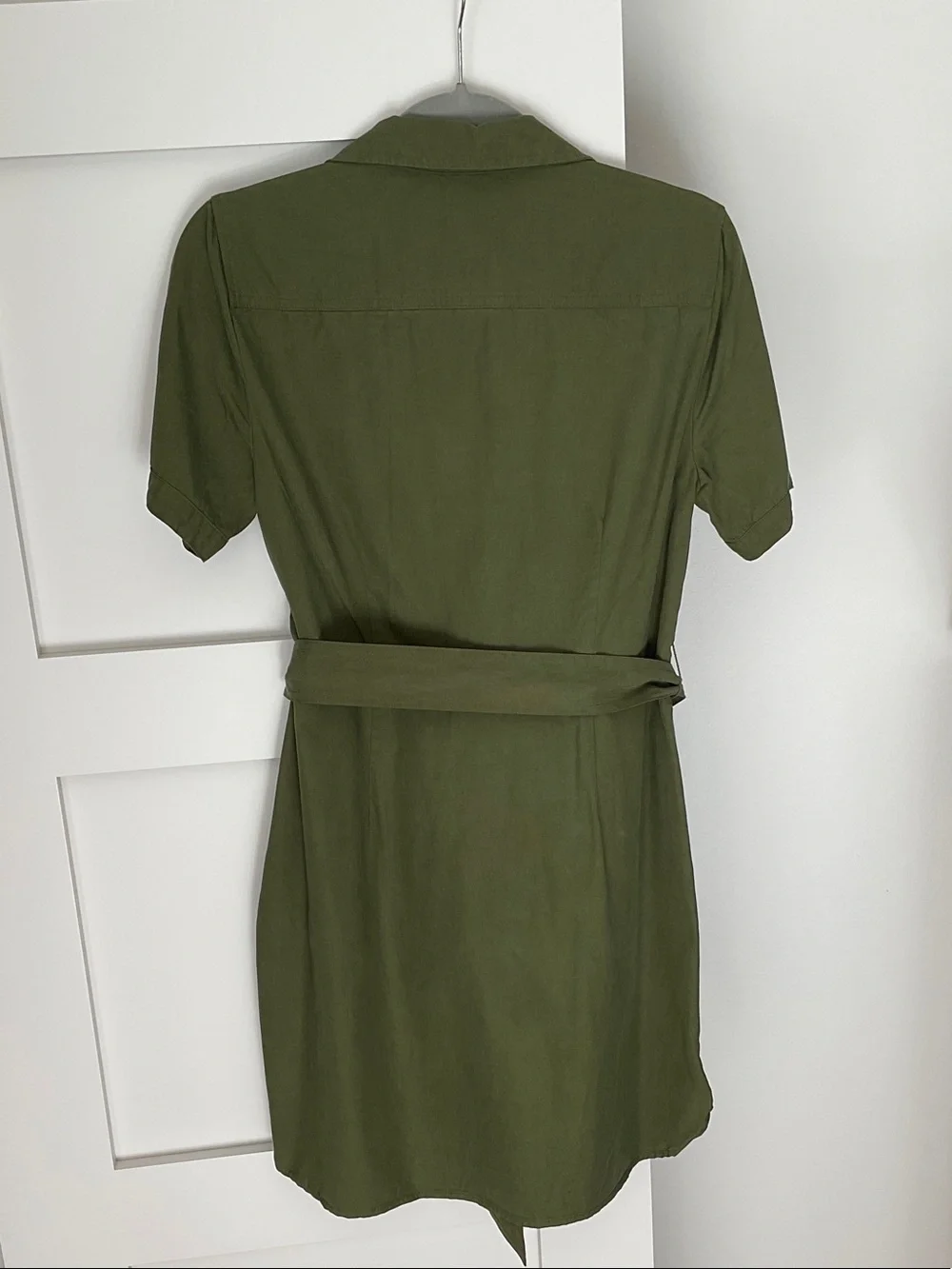 J. Crew Olive Green Short-Sleeve Shirt Dress with Waist Tie